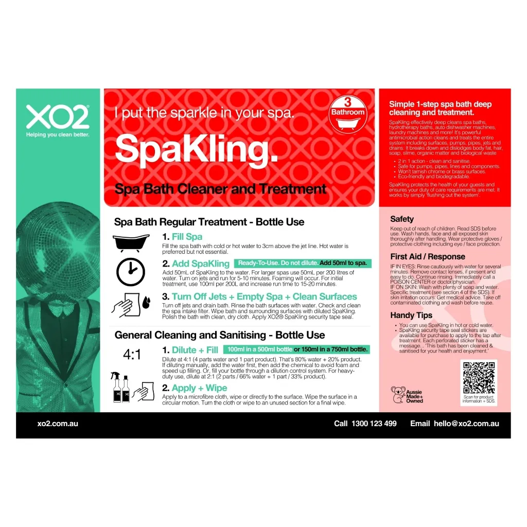 XO2 Product Wall Chart - SpaKling - V1 Spa Bath Treatment + Surface Wiping.webp