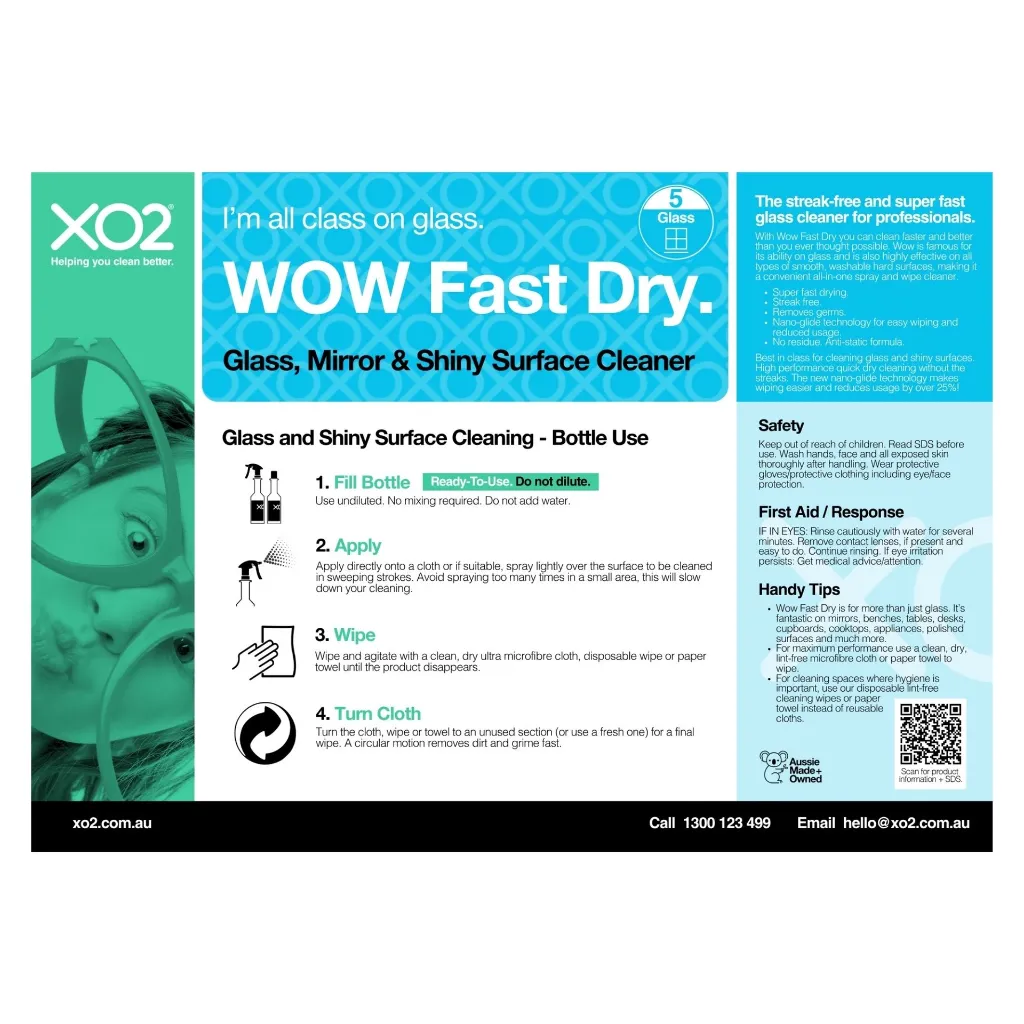 XO2 Product Wall Chart - Wow Fast Dry - V1 Glass and Shiny Surface Cleaning - Bottle Use.webp