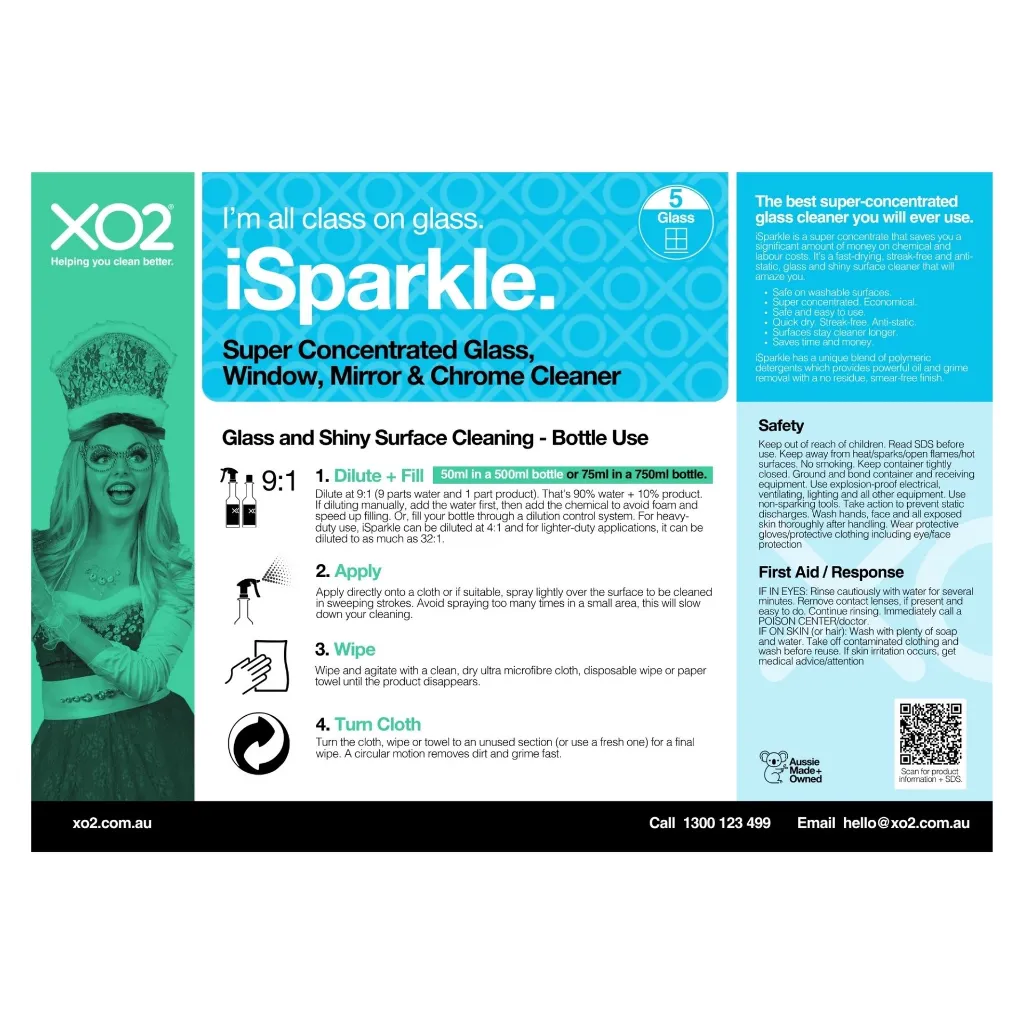 XO2 Product Wall Chart - iSparkle - V1 Glass and Shiny Surface Cleaning - Bottle Use.webp