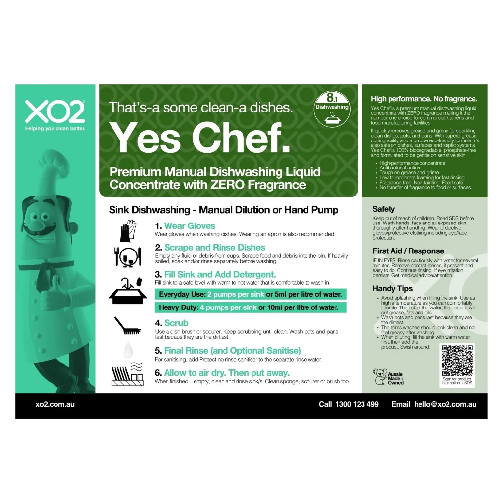 XO2 Product Wall Chart - Yes Chef - V1 Sink Dishwashing - Manual or Pump.webp