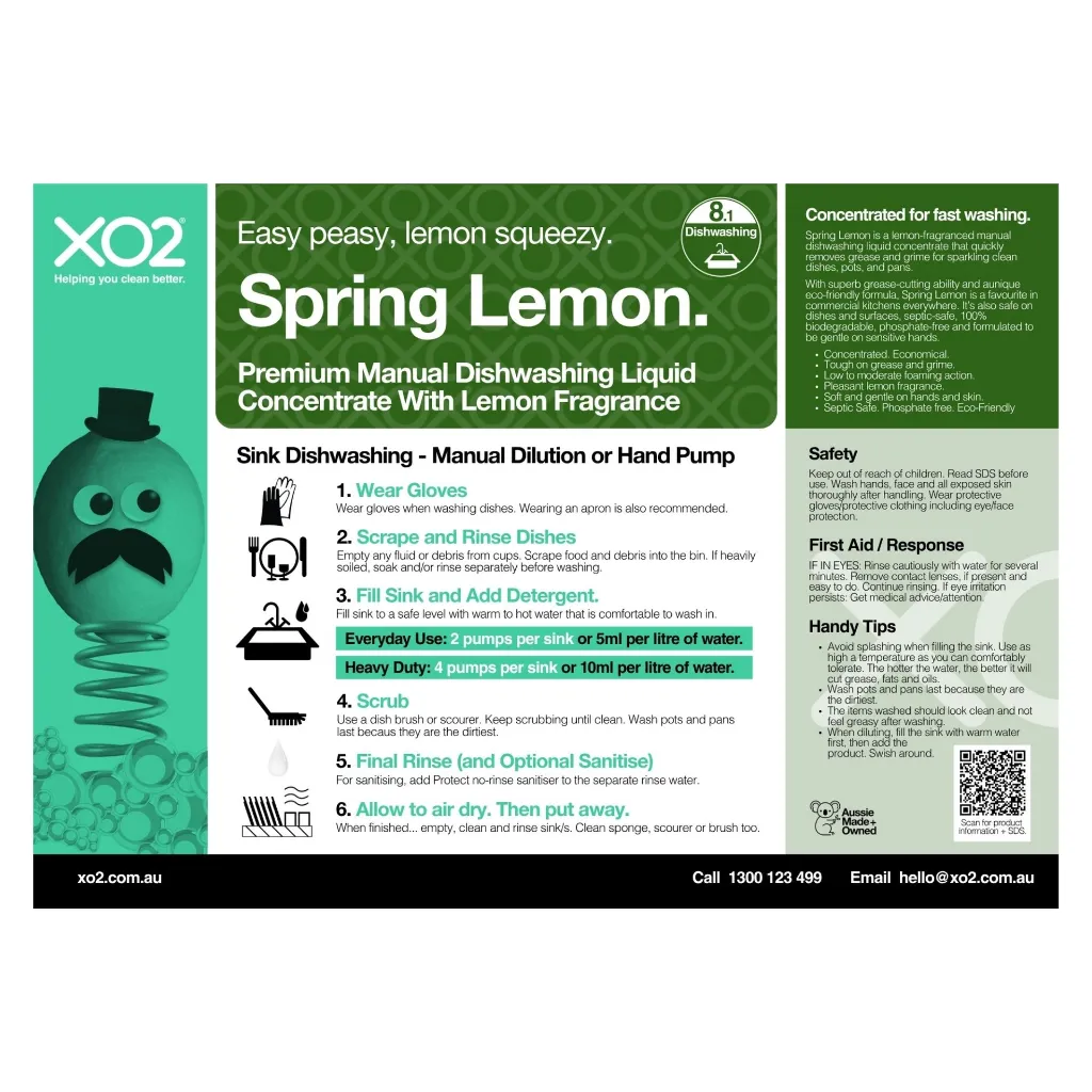 XO2 Product Wall Chart - Spring Lemon - V1 Sink Dishwashing - Manual or Pump.webp