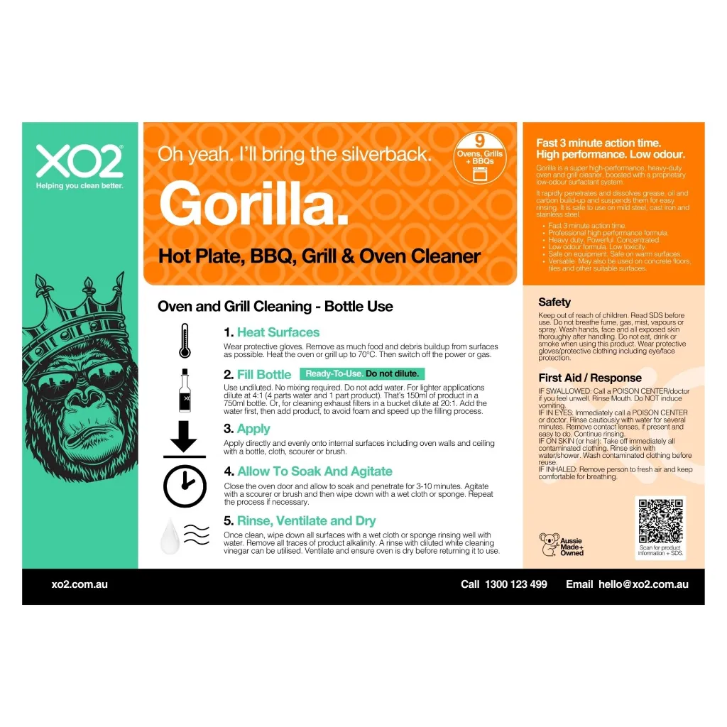 XO2 Product Wall Chart - Gorilla - V1 Oven and Grill - Bottle Use.webp