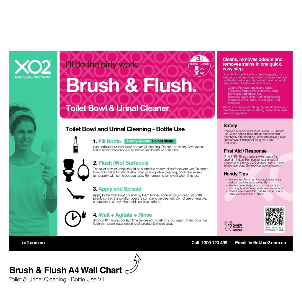 XO2 Product Wall Chart - Brush & Flush - V1 Toilet & Urinal Cleaning - Bottle Use - Website Only Square Image.webp