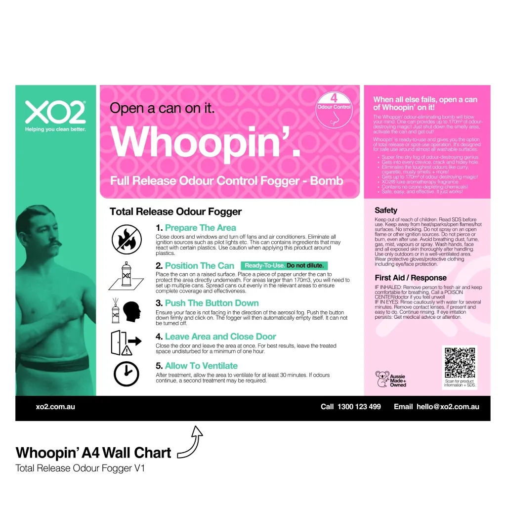 XO2 Product Wall Chart - Whoopin - V1 Total Release Odour Fogger - Website Only Square Image.webp