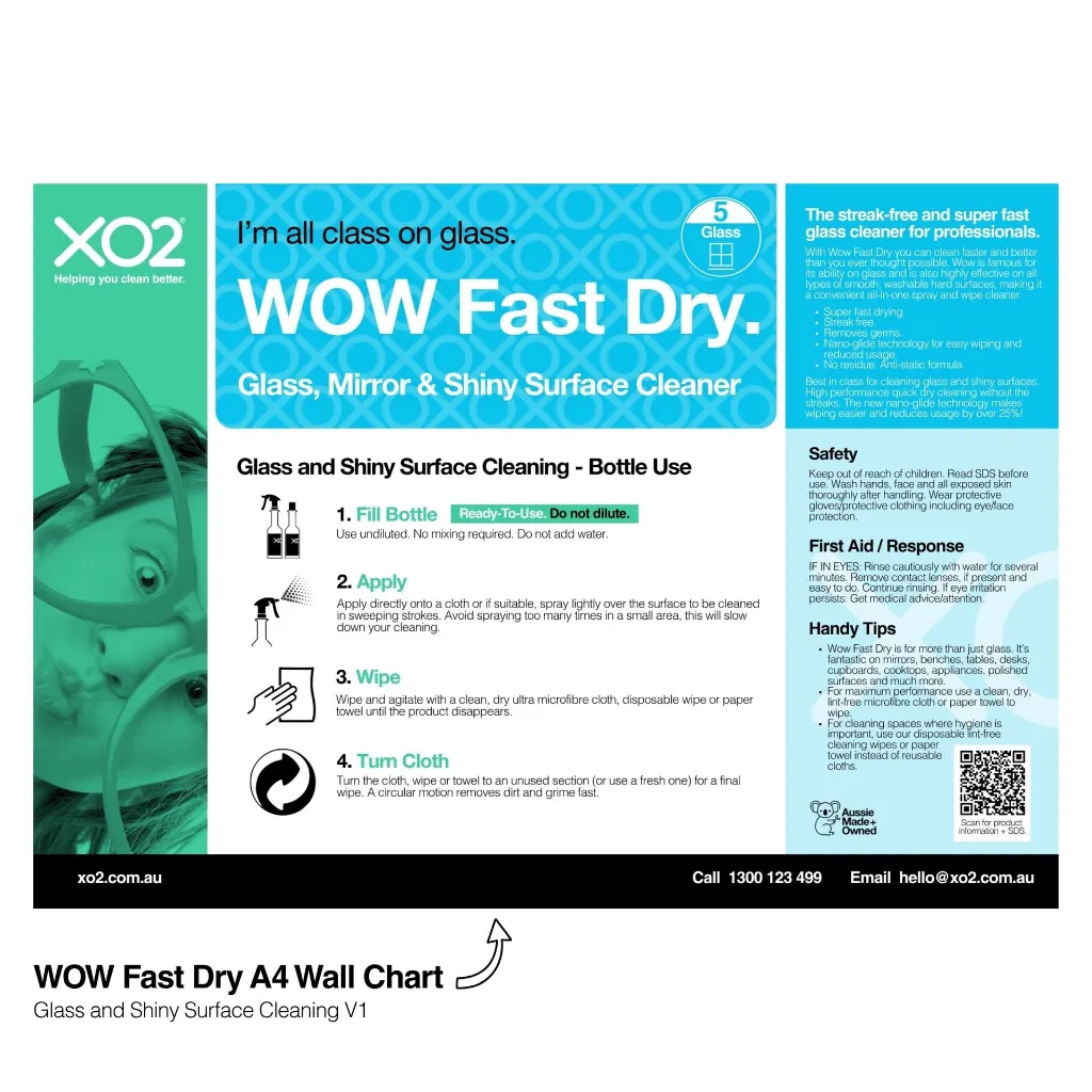 XO2 Product Wall Chart - Wow Fast Dry - V1 Glass and Shiny Surface Cleaning - Bottle Use - Website Only Square Image.webp