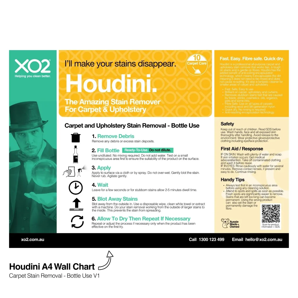 XO2 Product Wall Chart - Houdini - V1 Carpet Stain Removal - Bottle Use - Website Only Square Image.webp