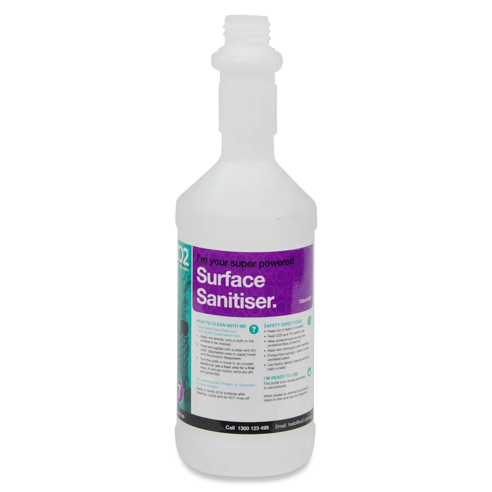 750ml XO2® Surface Sanitiser Labelled Empty Bottle (Lids & triggers not included)