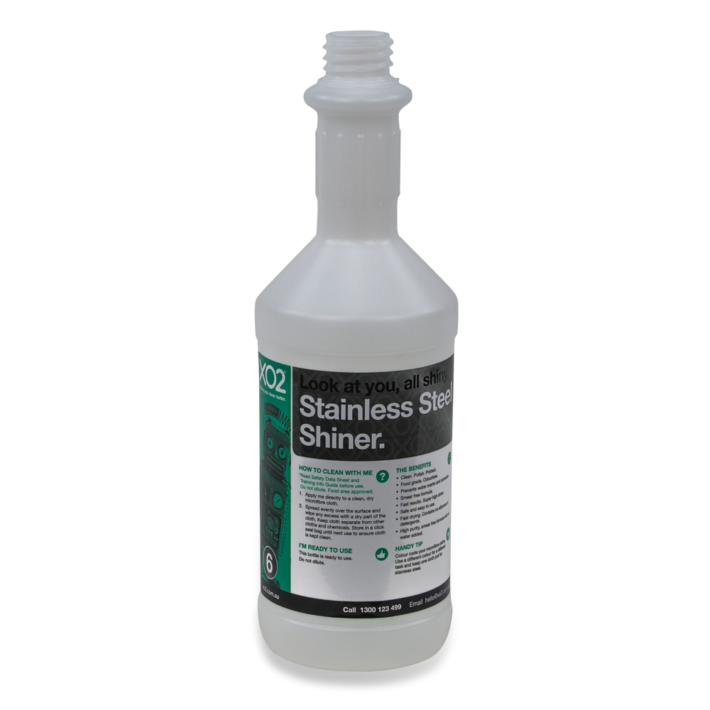 [AC002162] 750ml XO2® Stainless Steel Shiner Labelled Empty Bottle (Lids & triggers not included)