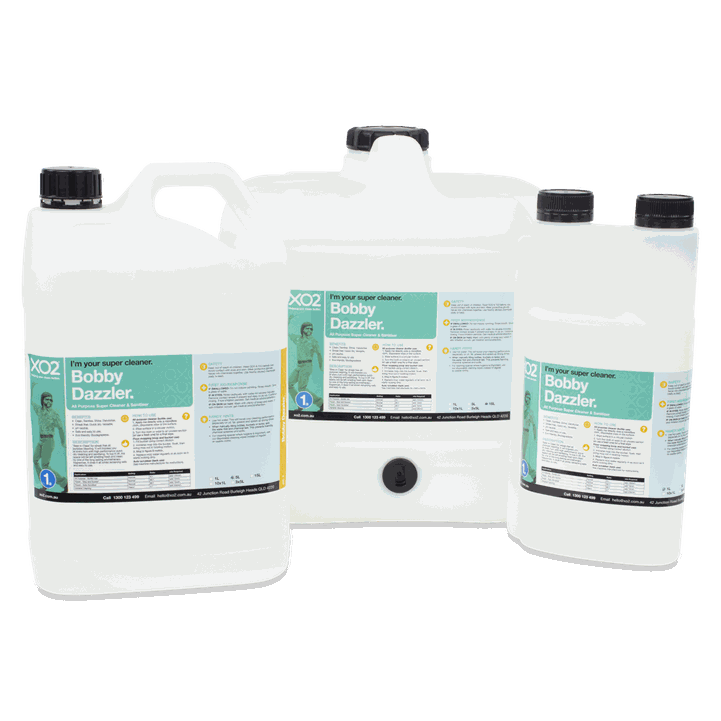 Group photo of Bobby Dazzler super cleaner in 1L, 5L and 15L sizes