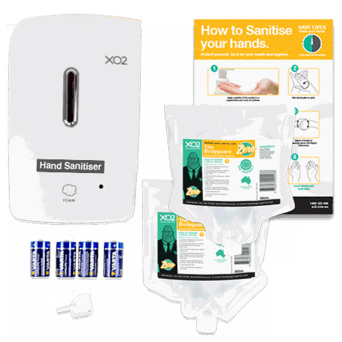 XOw The Bodyguard Hand Sanitiser Dispenser Starter Kit with touch-free dispenser, 2 x hygienically sealed refills, a 'How To Sanitise Your Hands' wall chart, high energy batteries and key.