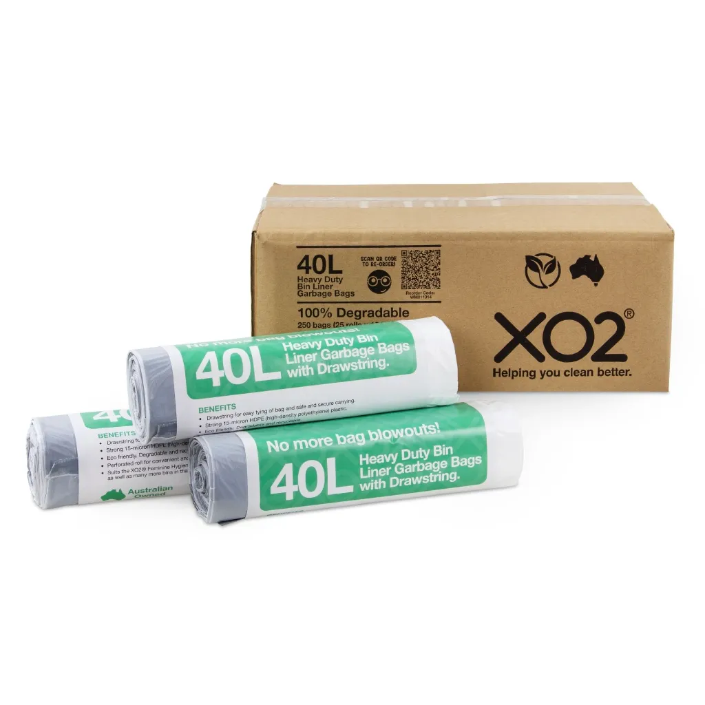 Product Image - WM011012 - XO2® 40L Heavy Duty Bin Liner Garbage Bags with Drawstring - White, Degradable, Recyclable (1).webp