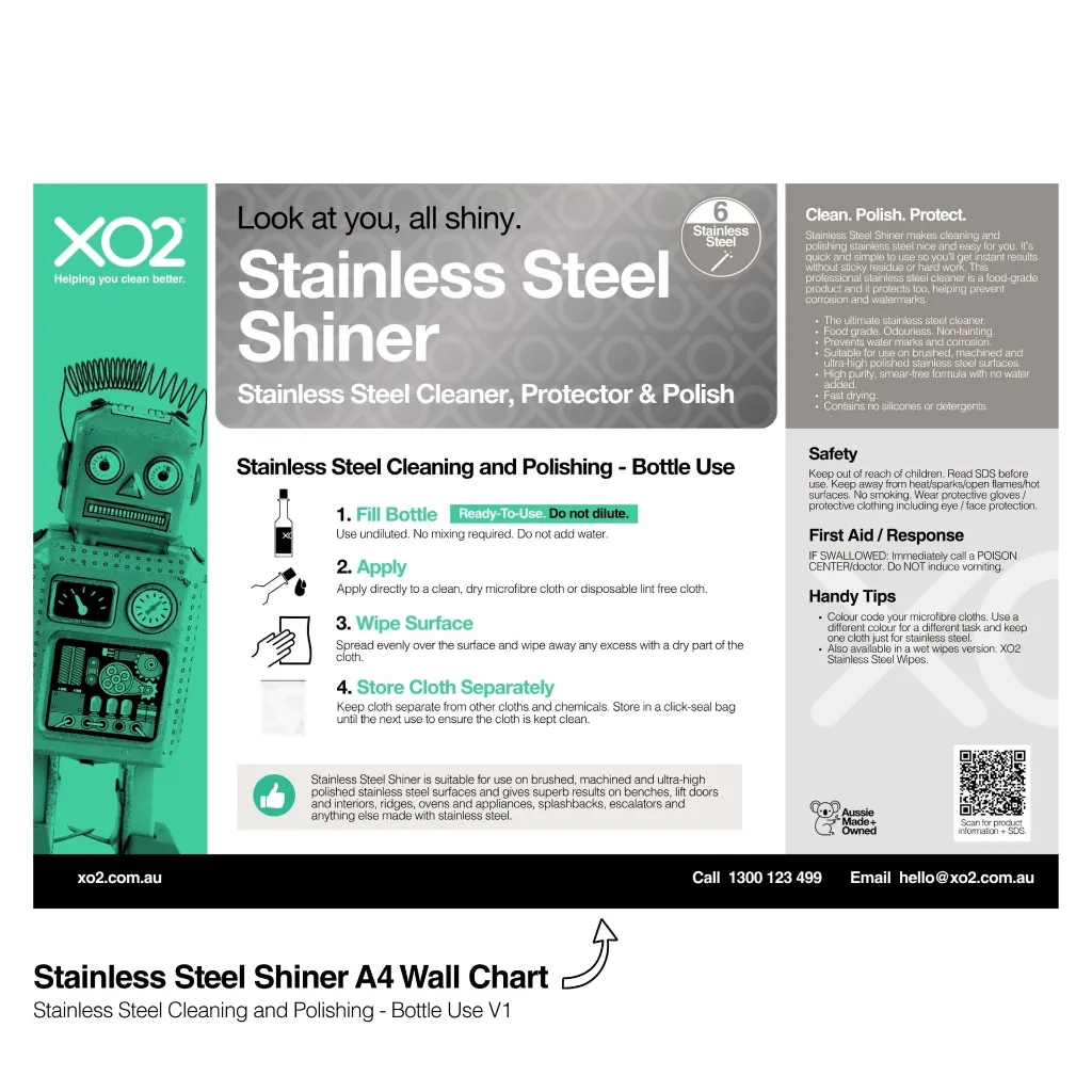XO2 Product Wall Chart - Stainless Steel Cleaner - V1 Stainless Steel Cleaning and Polishing - Bottle Use - Website Only Square Image.webp