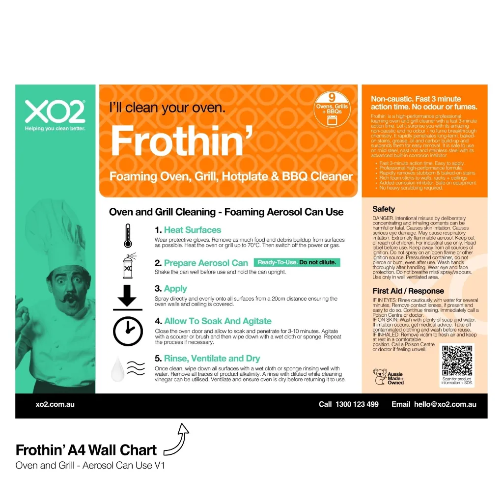 XO2 Product Wall Chart - Frothin - V1 Oven and Grill - Aerosol Can Use - Website Only Square Image.webp