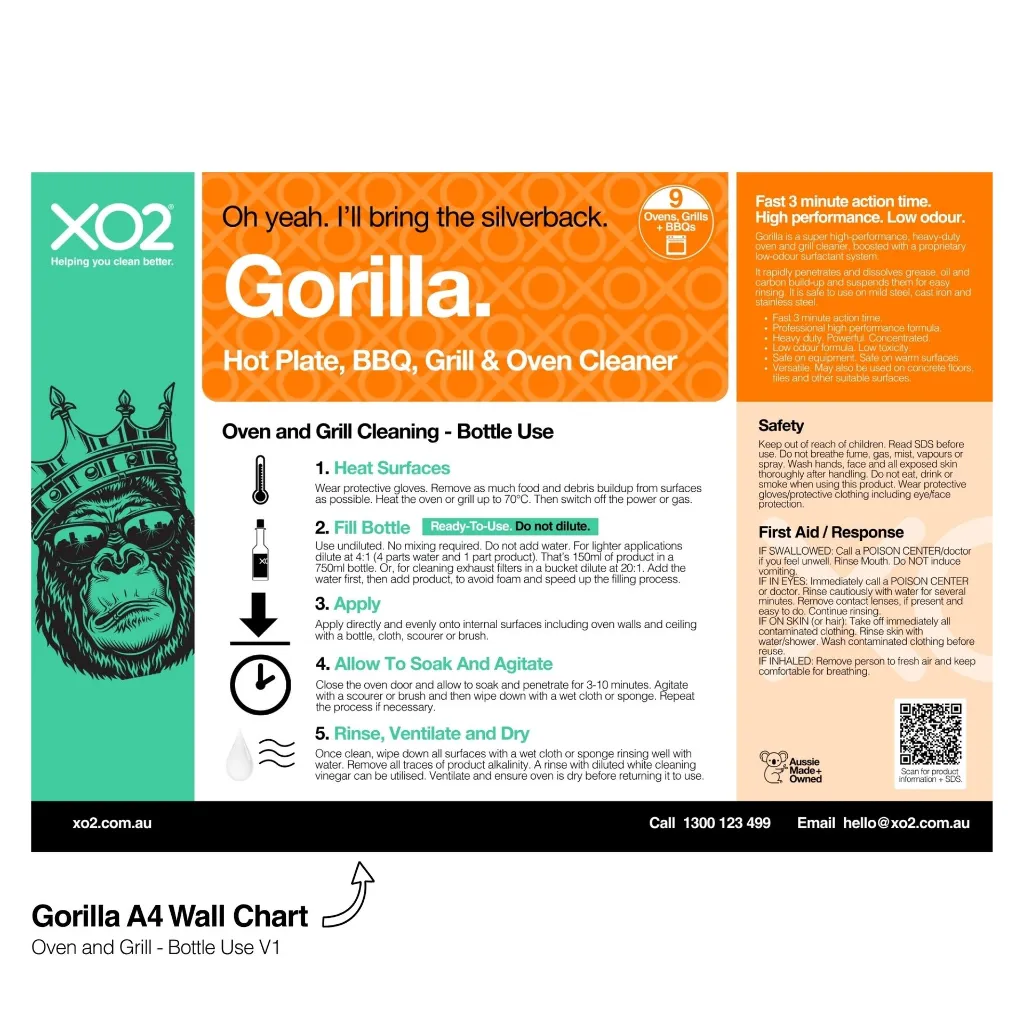 XO2 Product Wall Chart - Gorilla - V1 Oven and Grill - Bottle Use - Website Only Square Image.webp