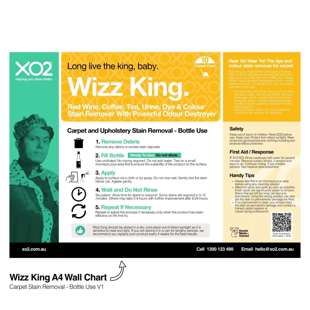 XO2 Product Wall Chart - Wizz King - V1 Carpet Stain Removal - Bottle Use - Website Only Square Image.webp