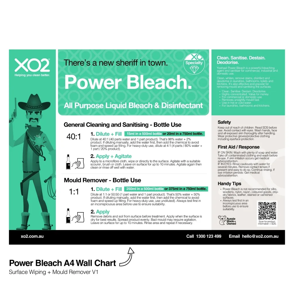 XO2 Product Wall Chart - Power Bleach - V1 Surface Wiping + Mould Remover - Website Only Square Image.webp