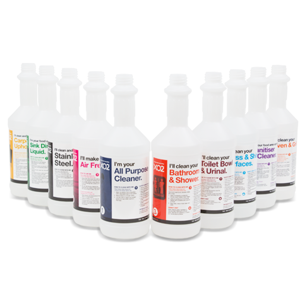 750ml XO2® Glass & Shiny Surface Cleaner Empty Labelled Bottle - Group Shot