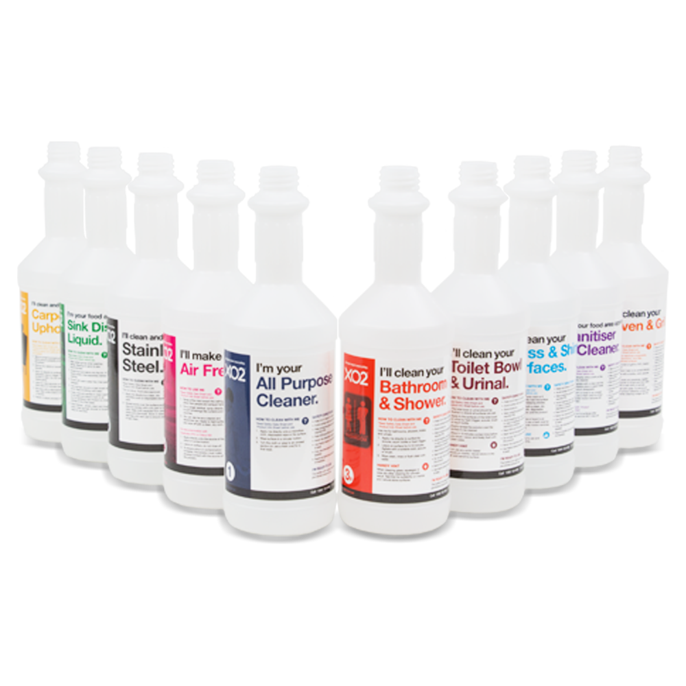 750ml XO2® Stainless Steel Cleaner Labelled Empty Bottle - Group Shot