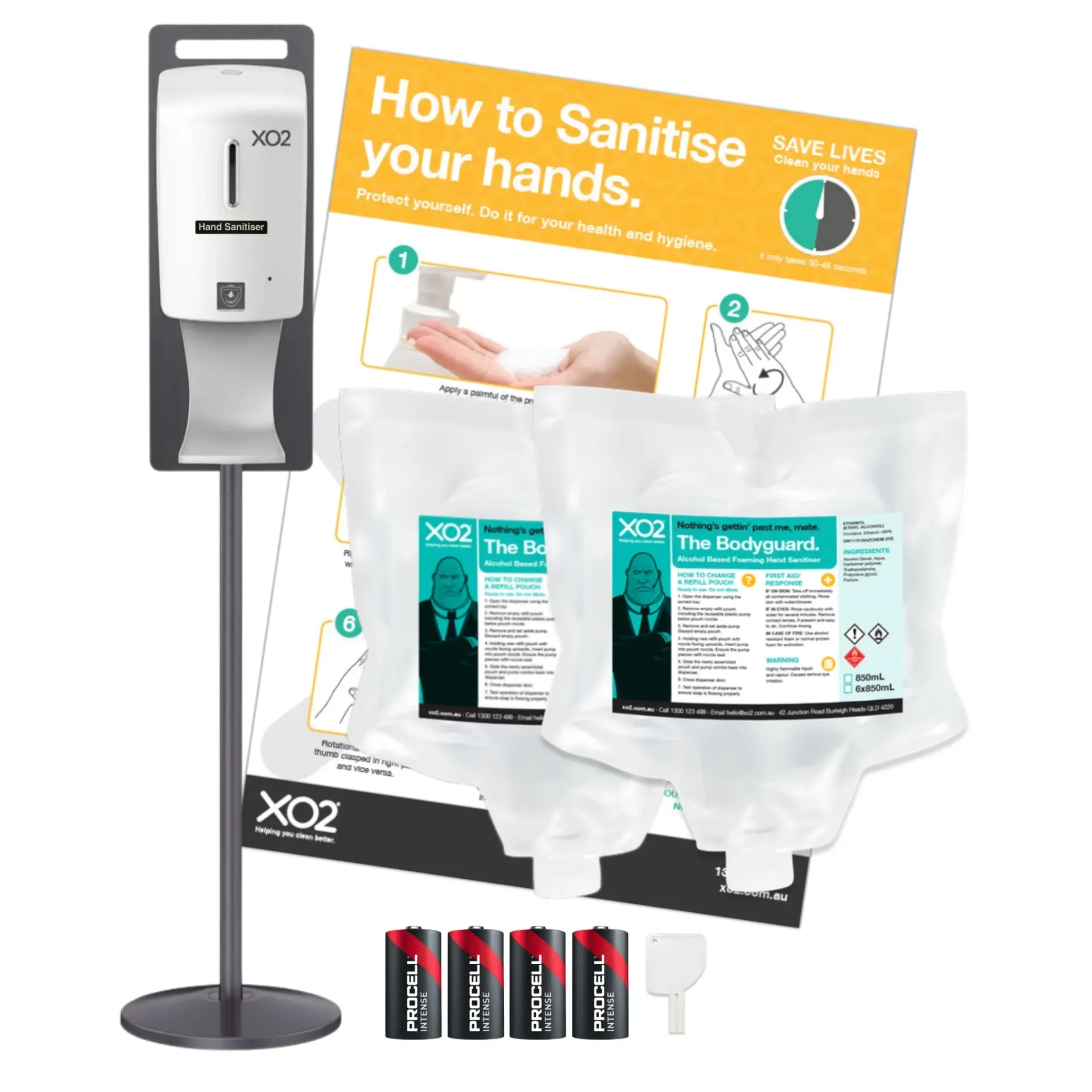 'The Bodyguard' Mobile Freestanding Hand Sanitiser Dispenser Station Starter Kit - Touch-Free