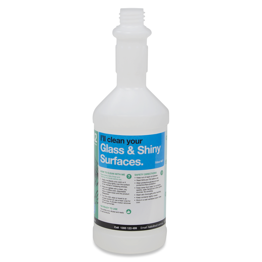 750ml XO2® Glass & Shiny Surface Cleaner Empty Labelled Bottle
