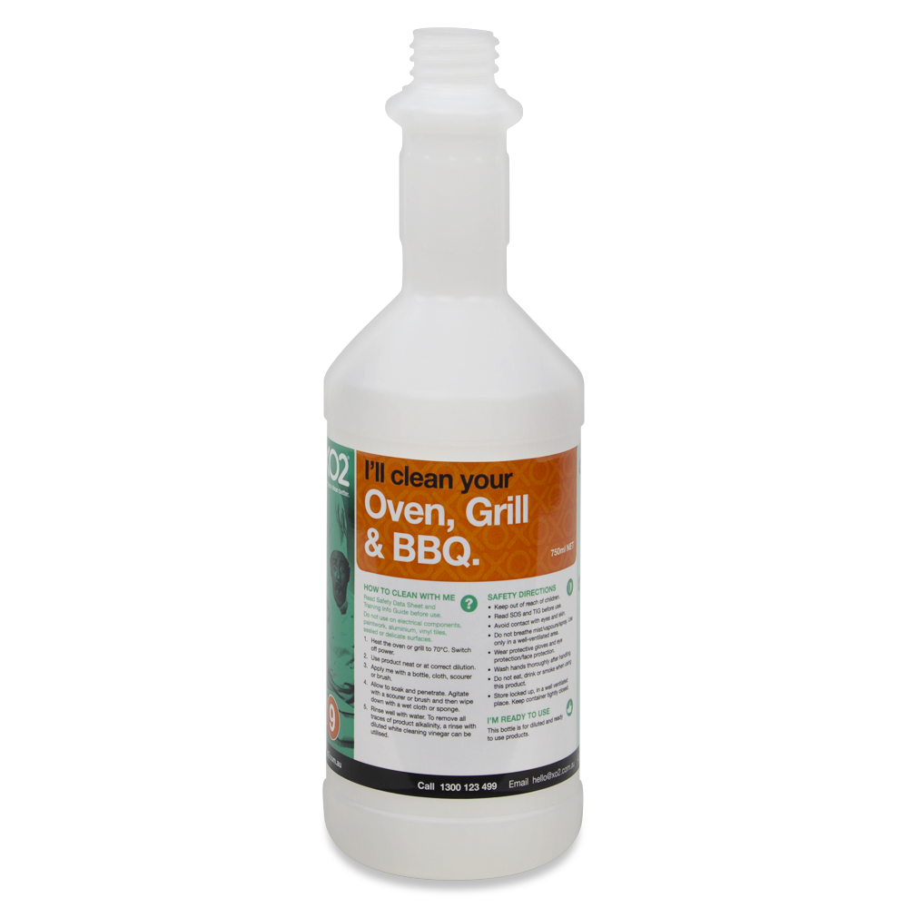 750ml XO2® Oven & Grill Cleaner Labelled Empty Bottle (Lids & triggers not included)
