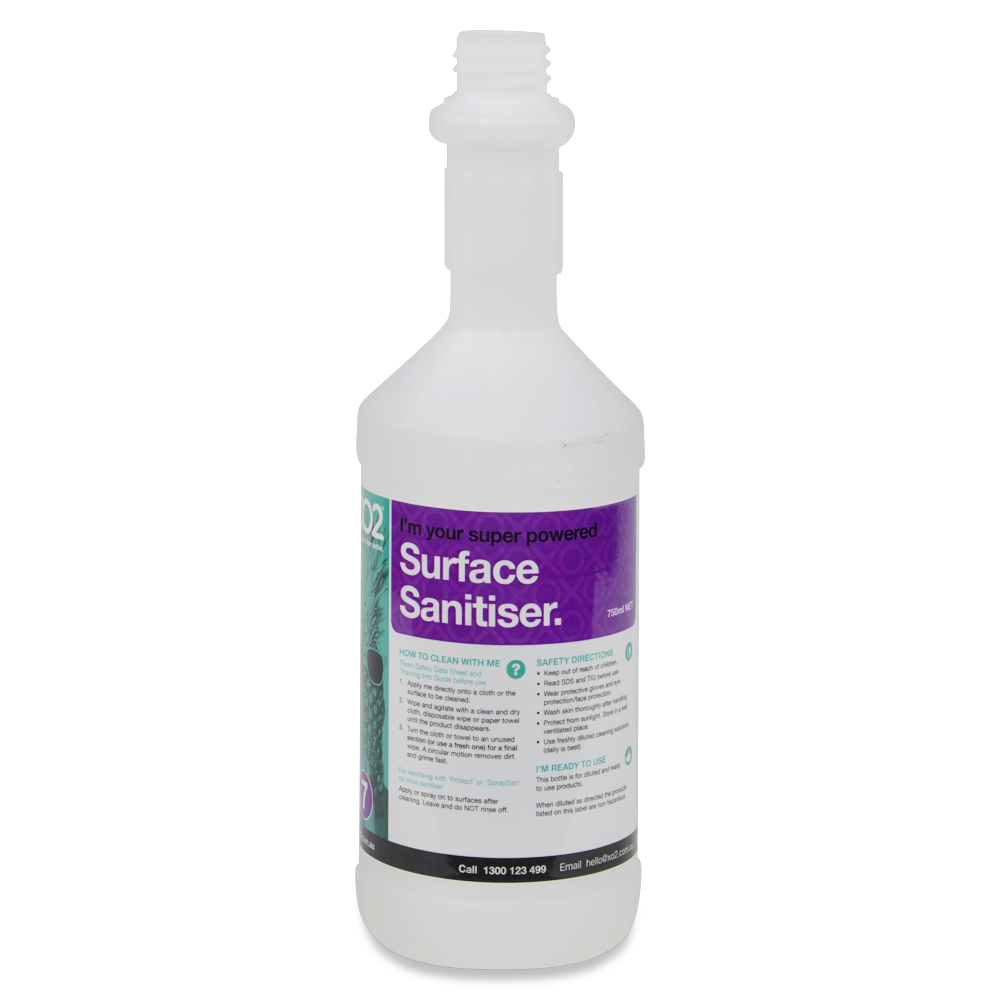 750ml XO2® Surface Sanitiser Labelled Empty Bottle (Lids & triggers not included)