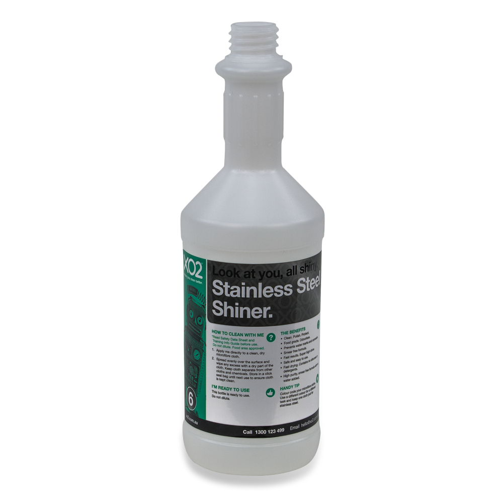 750ml XO2® Stainless Steel Shiner Labelled Empty Bottle (Lids & triggers not included)