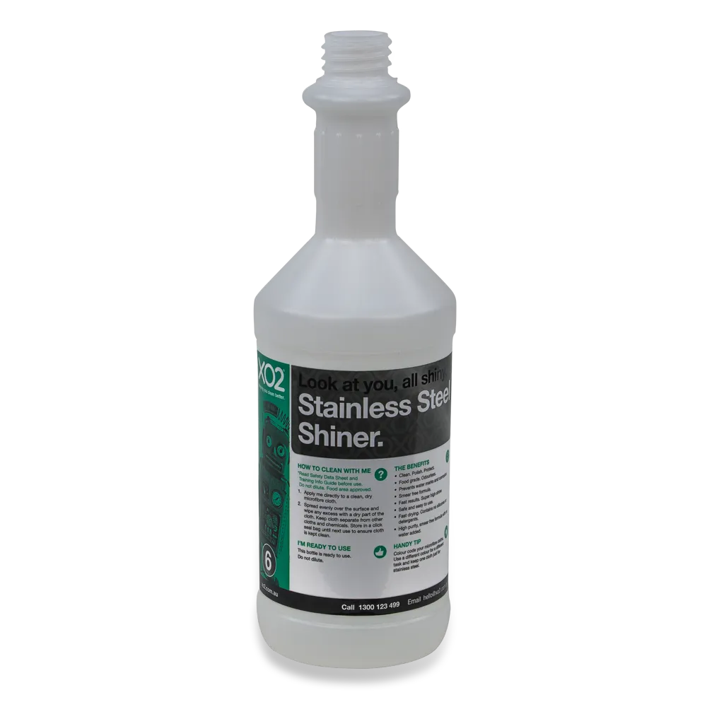 750ml XO2® Stainless Steel Shiner Labelled Empty Bottle (Lids & triggers not included)