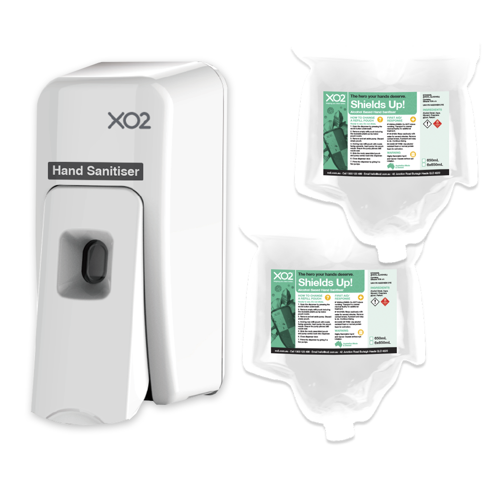 Shields Up! - Hand Sanitiser Dispenser Starter Kit - Alcohol Based, Manual Push Spray
