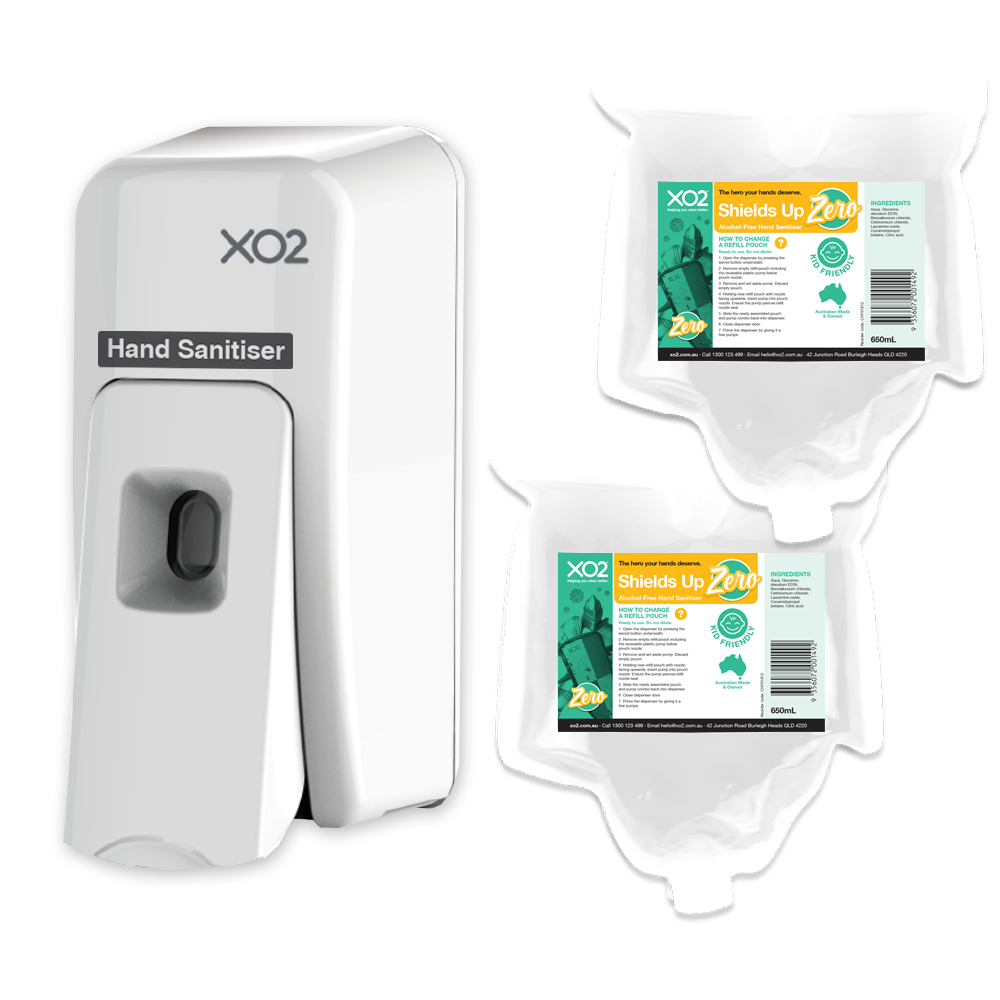 Shields Up Zero - Alcohol-Free Hand Sanitiser Dispenser Starter Kit - Manual Push Spray
