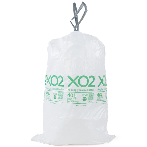 XO2® 40L Heavy Duty Bin Liner Garbage Bags with Drawstring - White, Degradable, Recyclable