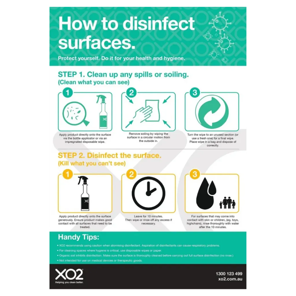 [TD400230] XO2® 'How To Disinfect Surfaces' Hygiene Sign - Splash Resistant