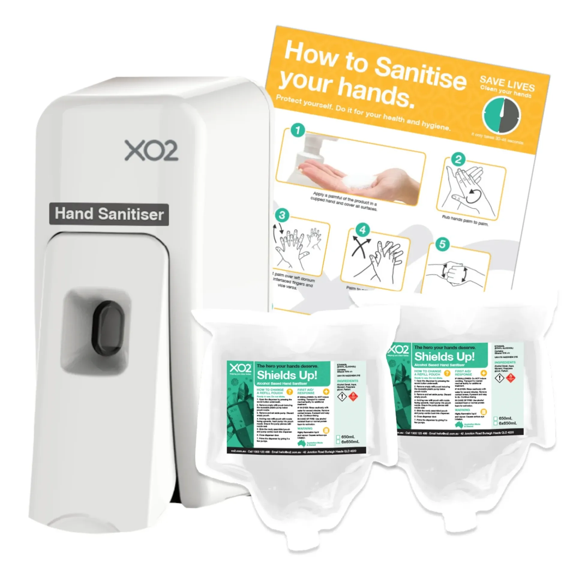 [BP702108] Shields Up! - Hand Sanitiser Dispenser Starter Kit - Alcohol Based, Manual Push Spray