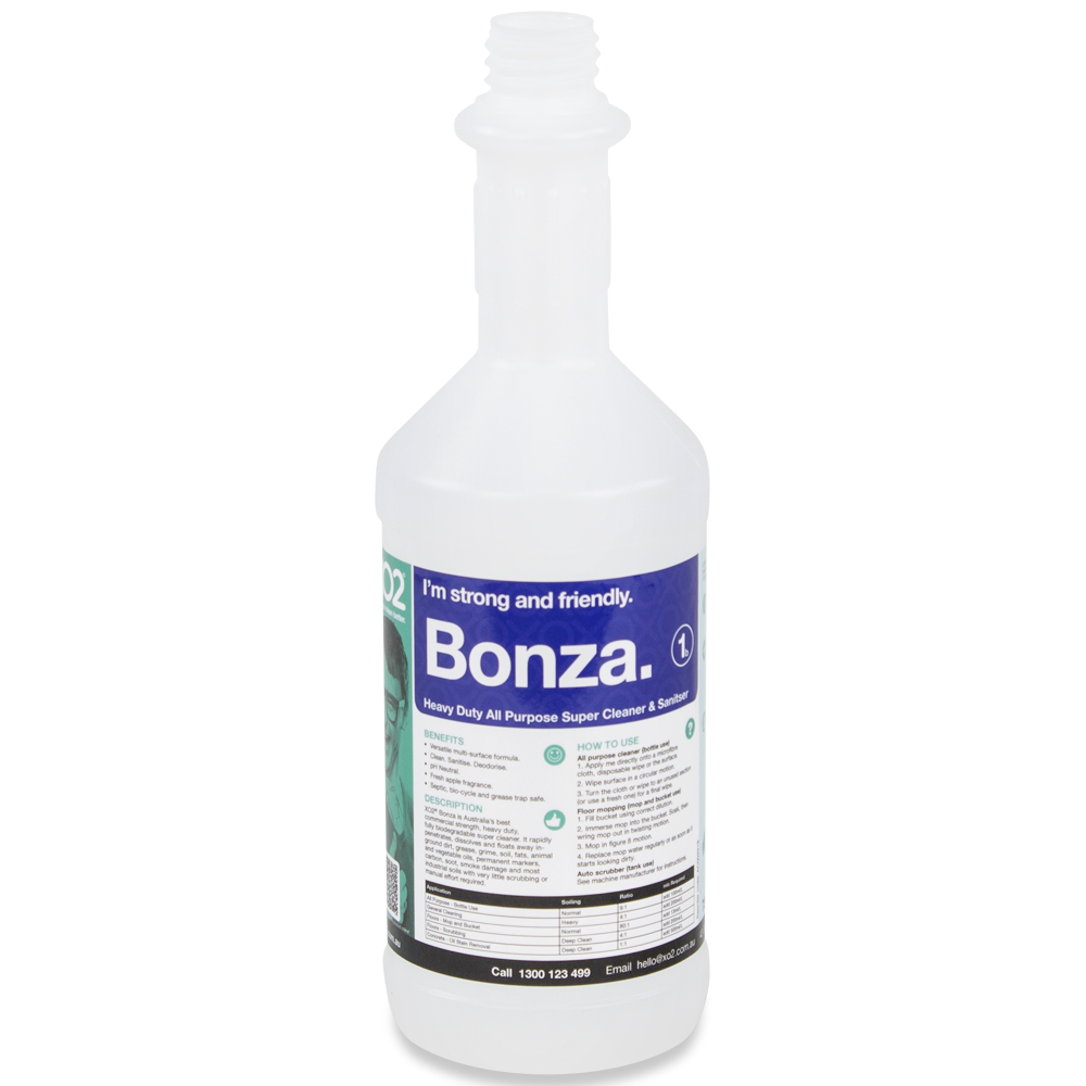 [AC002218] 750ml Bonza Labelled Empty Bottle - Refillable & Recyclable (Lids & triggers not included)