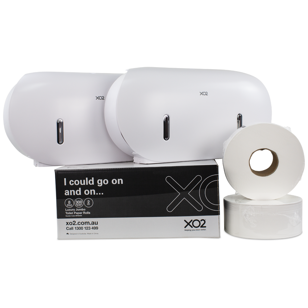 [BP070622] XO2® Double Jumbo Toilet Roll Dispenser Starter Kit - 2 Roll Capacity